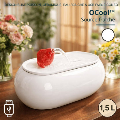 Fontaine à eau pour chat en céramique blanche ovale avec buse poisson décorative et jet d’eau continu – OCool™