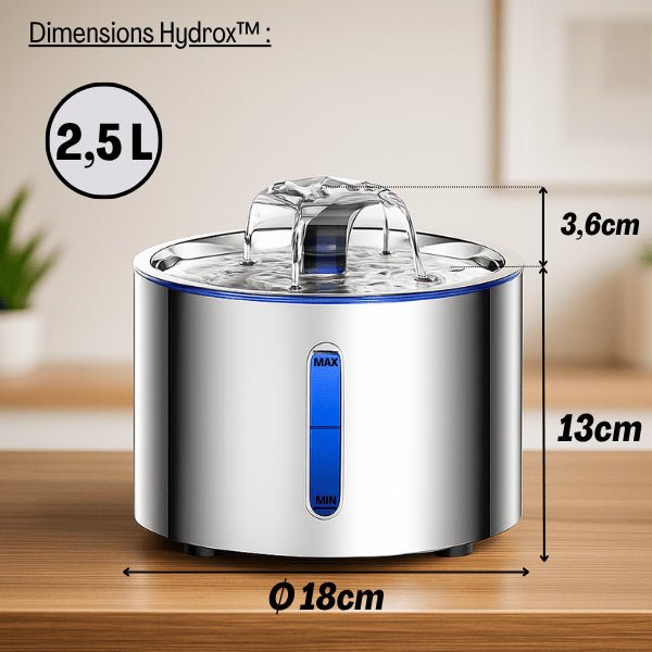 Fontaine eau pour chat compacte inox automatique 2,5 litres ronde dimensions Hydrox™