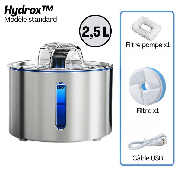 Fontaine eau pour chat inox automatique USB filtre pompe fontaine 2,5 litres Hydrox™