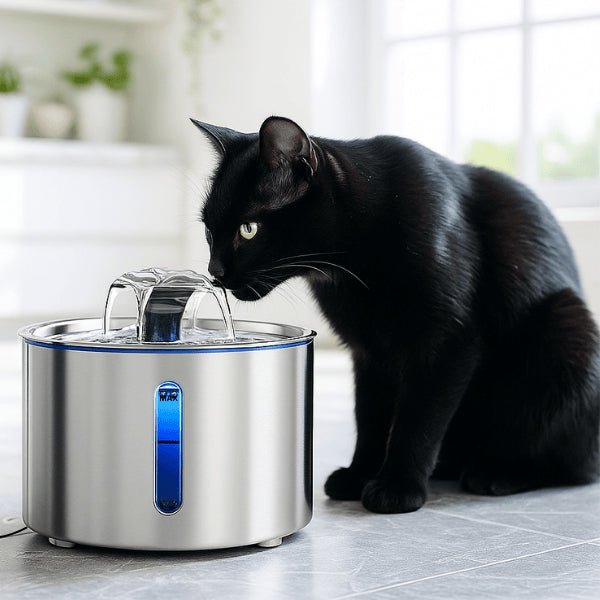 Fontaine eau pour chat inox ronde automatique filtrée 2,5 litres félin noir boit dans Hydrox™