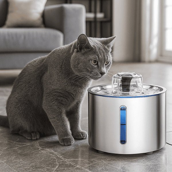 Fontaine eau pour chat ronde automatique inox 2,5 litres félin russe boit dans Hydrox™
