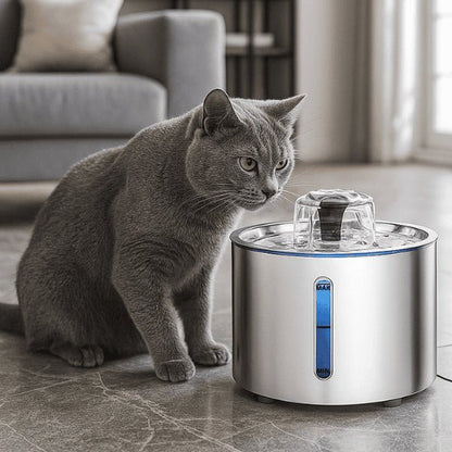 Fontaine eau pour chat ronde automatique inox 2,5 litres félin russe boit dans Hydrox™