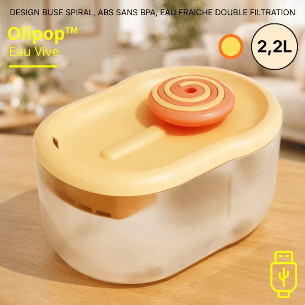 Fontaine pour chat en ABS sans BPA 2,2 litres jaune orange à double filtration et alimentation USB - Olipop™
