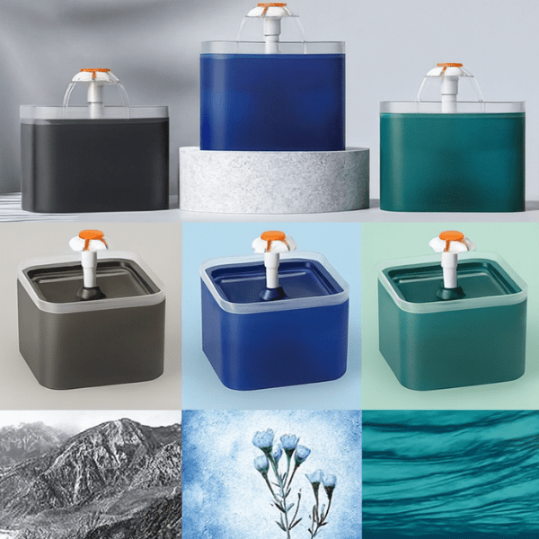 Fontaine pour chat trois couleurs : noir roche, bleu océan, vert emeraude, fleuron automatique PearlFlow™