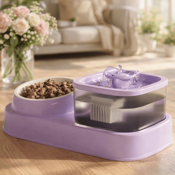Version violette de la fontaine à eau chat avec gamelle intégrée DuoFlow™