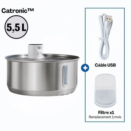 Fontaine pour chat grande capacité inox 5,5 litres sans fil avec filtre et câble  USB inclus - Catronic™