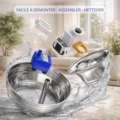 Fontaine pour chat en inox démontable pour nettoyage simple et rapide