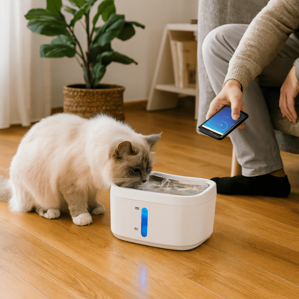 Fontaine pour chat programmable téléphone connectée et félin qui boit dans salon - AquaTech™