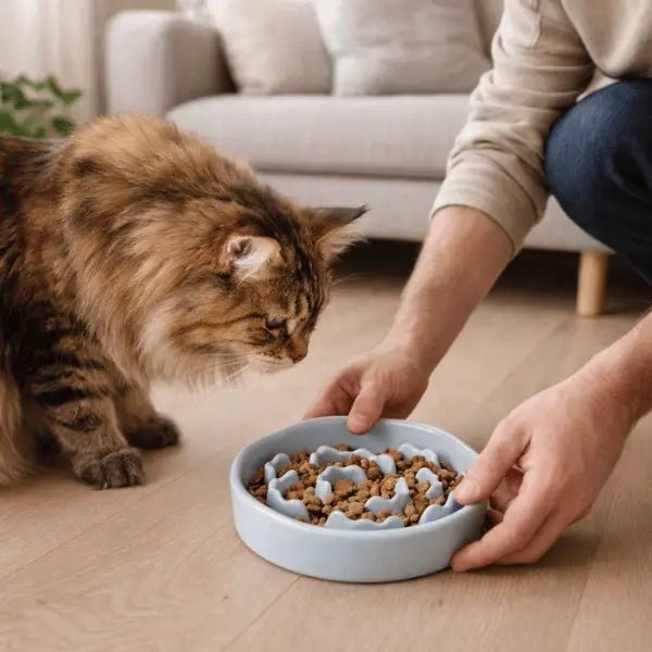 Chat utilisant le gamelle anti-glouton chat céramique dans un salon