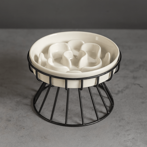 Gamelle anti glouton chat fleur ceramique blanche surélevée support fer noir NoRush Bowl™