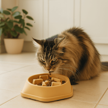 Maine coon utilisant une gamelle anti glouton chat jaune pour ralentissement efficace repas