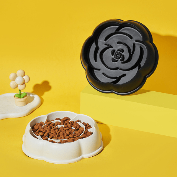 Gamelle anti glouton chaton blanche avec croquettes et noir présentée MealStop