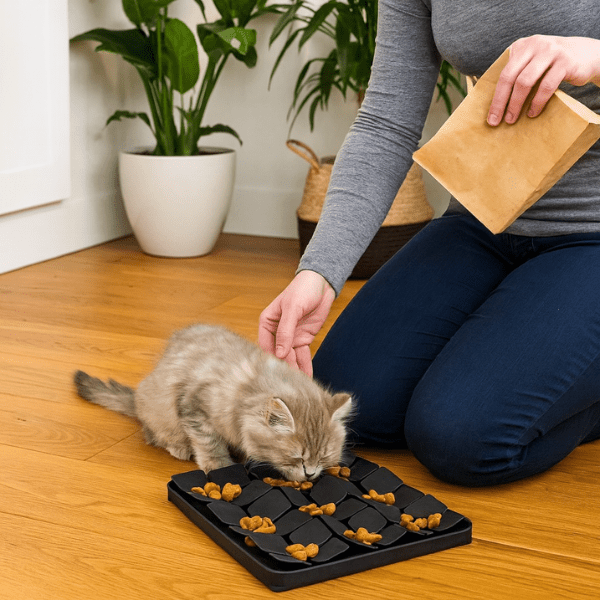 Femme donne repas chaton dans gamelle anti glouton chaton ludique MeowMeal™