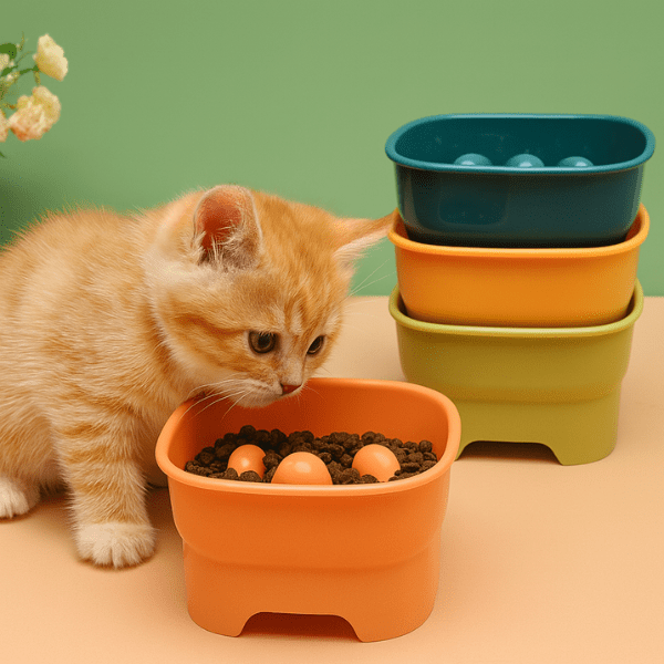 Chaton mange croquettes dans gamelle anti glouton chaton surélevée SavourKitten™