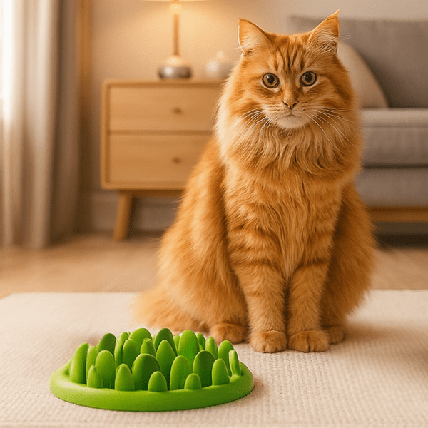 Chat roux devant une gamelle anti glouton contre l’obésité