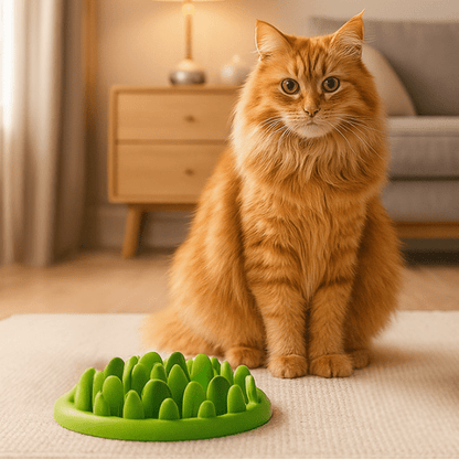 Chat roux devant une gamelle anti glouton contre l’obésité