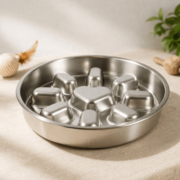 Gamelle antiglouton chat inox ronde à design en relief pour stimuler mentalement le chat et limiter la gloutonnerie