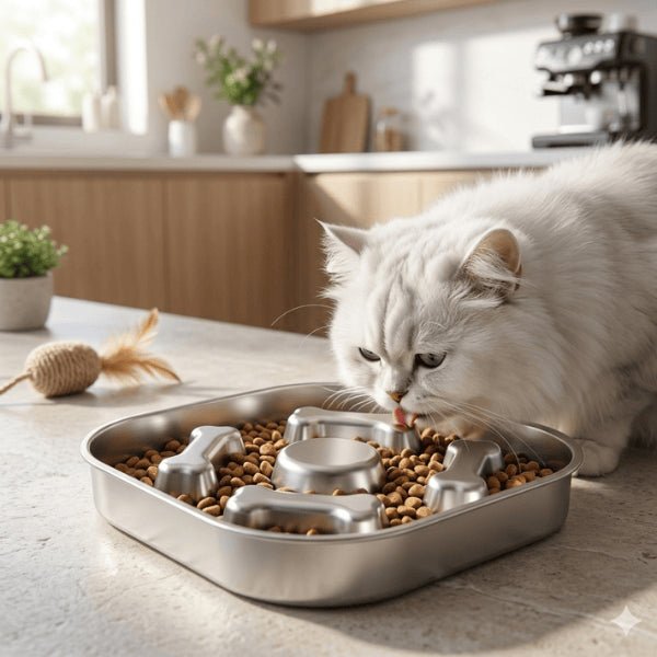 Gamelle antiglouton chat inox utilisée par un persan blanc pour stimuler l'instinct de recherche et éviter la prise alimentaire rapide