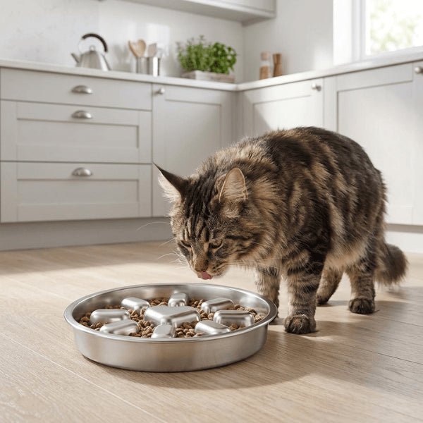 Maine coon mangeant dans une gamelle antiglouton inox permettant de ralentir la prise de nourriture et d'améliorer la digestion