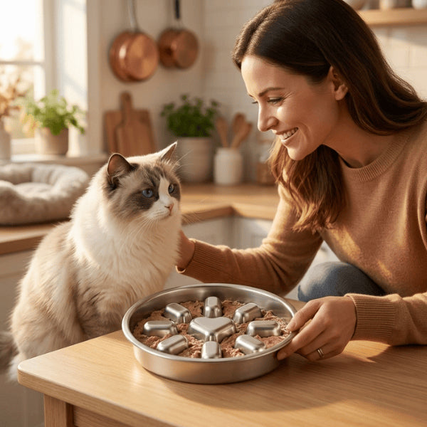 Gamelle antiglouton chat inox utilisée en cuisine avec un Ragdoll pour favoriser une alimentation lente et réduire le stress alimentaire
