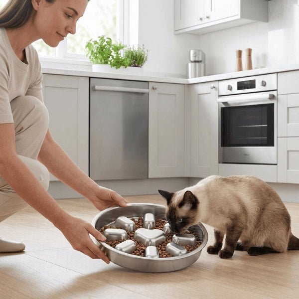 Gamelle antiglouton chat inox utilisée lors du repas pour renforcer le bien-être du félin et réduire la gloutonnerie