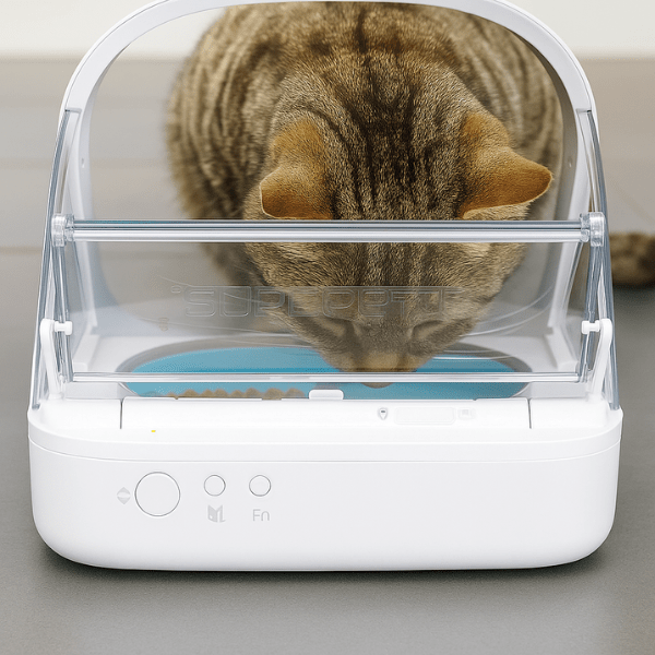 Gamelle automatique chat avec puce porte ouverture bouton programmable félin mange dans MiaoMatic Puce™