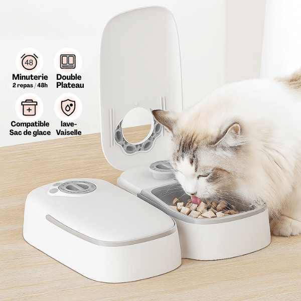 Gamelle automatique chat 2en1 avec félin blanc qui mange aliment dans un compartiment - Minute-Croq™