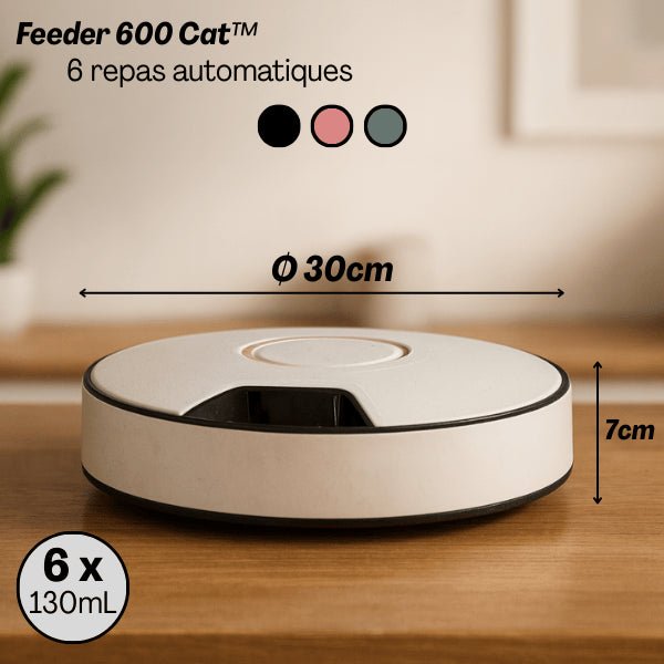 Gamelle chat automatique sans fil 6 repas 130 ml noir rose vert dimensions - Feeder 600 Cat™