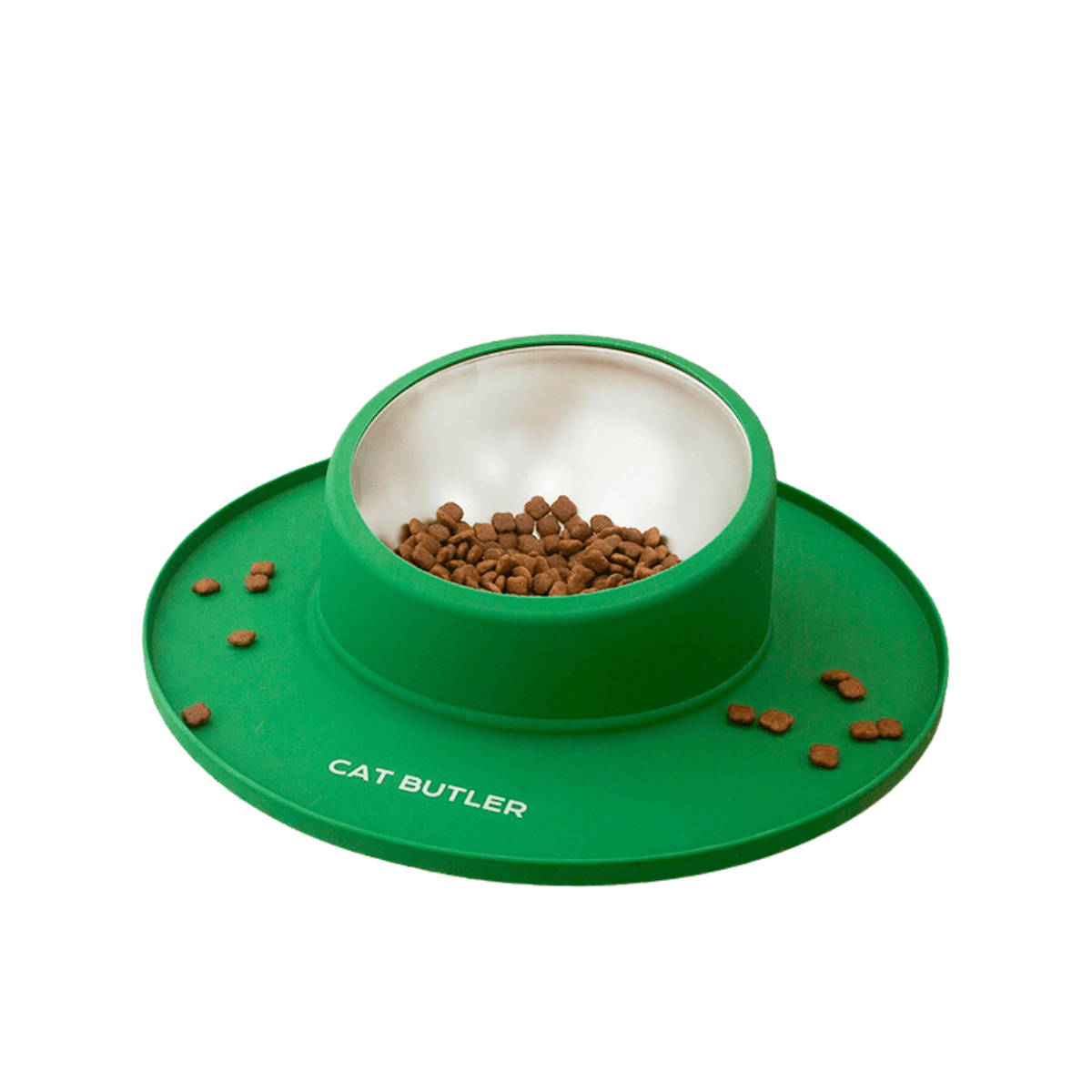 Gamelle chat inox anti débordement verte support silicone avec croquettes - Bowl Clean™