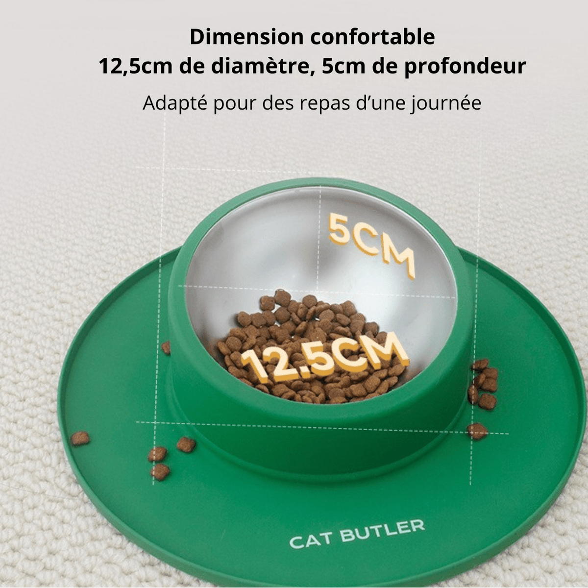 Gamelle chat anti debordement silicone antidérapante avec bol inox dimensions taille confort - Bowl Clean™