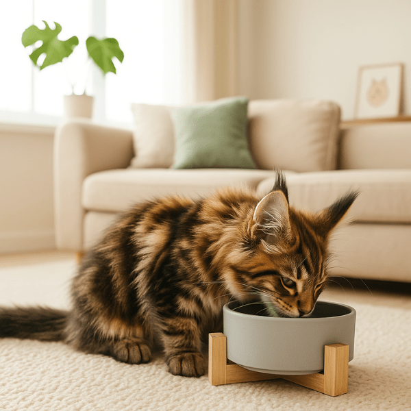 Gamelle chat ceramique ronde gris simple bol support bois et repas maine coon dans salon - CrocCat™
