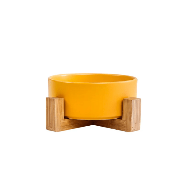 Gamelle chat ceramique ronde jaune bol simple support bois naturel - CrocCat™