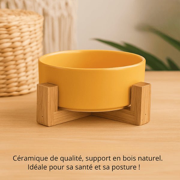 Gamelle chat ceramique ronde jaune de qualité avec support bois naturel - CrocCat™