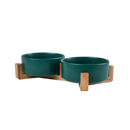 Gamelle chat ceramique ronde verte bol double support bois naturel - CrocCat™