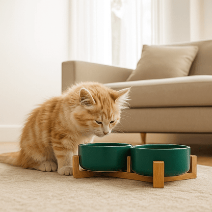 Gamelle chat ceramique verte support bois naturel avec repas chaton roux salon - CrocCat™