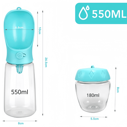 Gamelle chat portable 3en1 gourde bleue 550 mL + boite croquettes 180 mL dimensions - Croq-Pocket™