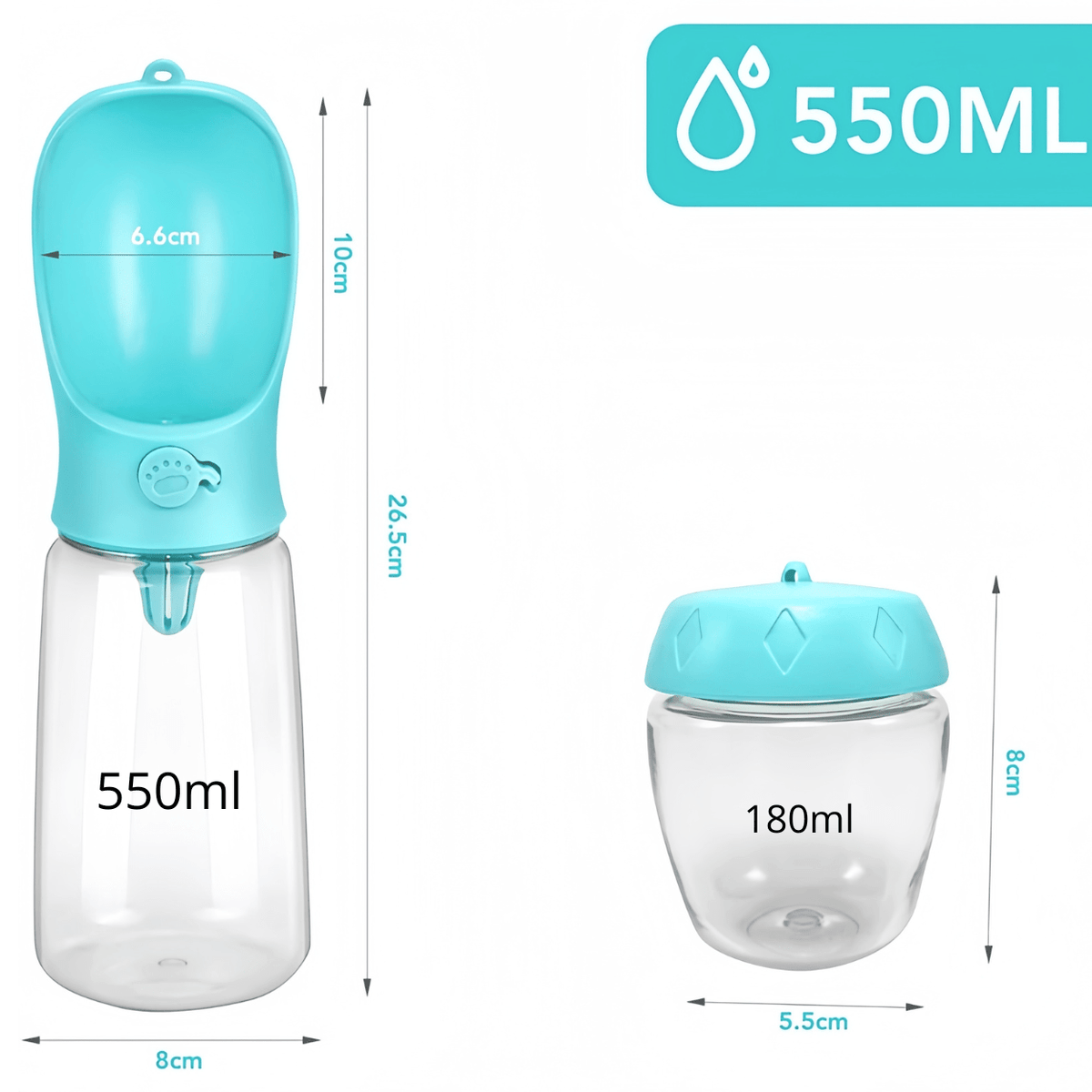 Gamelle chat portable 3en1 gourde bleue 550 mL + boite croquettes 180 mL dimensions - Croq-Pocket™