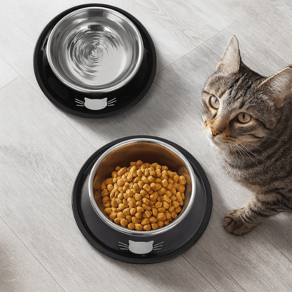 gamelle chat inox noire par deux vue dessus avec croquettes eau félin tigré CrocMiaou™