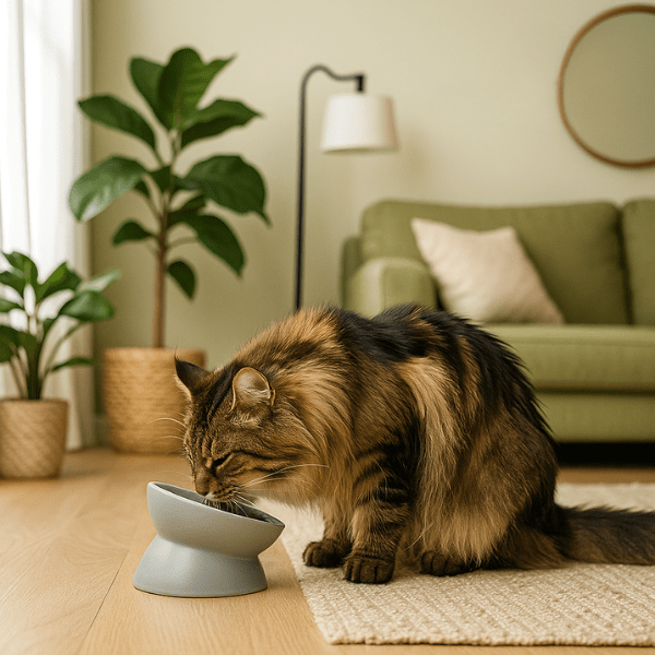 Gamelle chat surélevée inclinée ronde grise avec maine coon qui mange croquettes dans salon - BowlMagic™