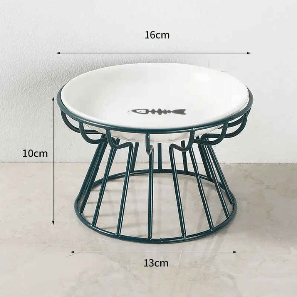 Gamelle chat surélevée céramique blanc avec motif poisson et support fer bleu - Trône Gourmet™