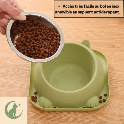 Gamelle chaton avec bol inox amovible croquettes et support antidérapant antisalissures vert - Bowl Design™