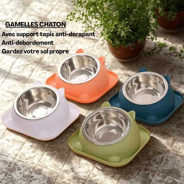 Gamelle chaton 2en1 avec tapis antidérapant intégré 4 couleurs différentes - Bowl Design™