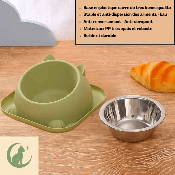 Gamelle chaton avec bol inox amovible et support anti renversement vert posé sur table - Bowl Design™