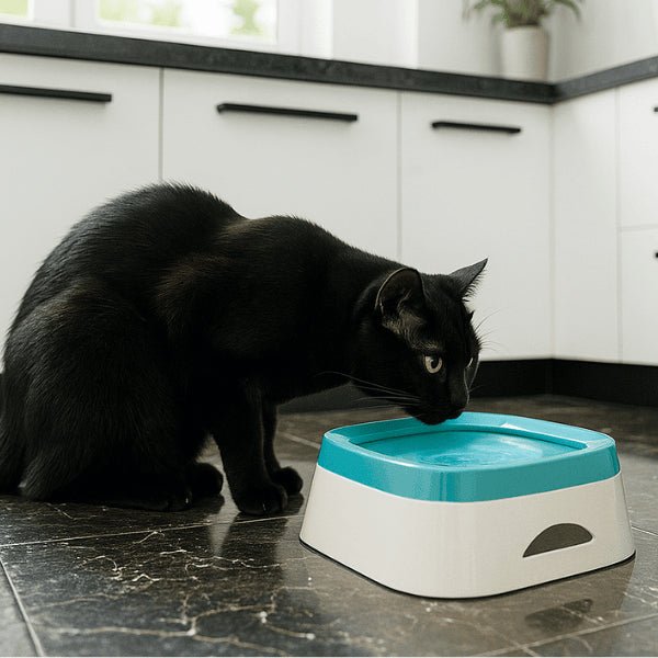 Gamelle eau chat grande capacité antidérapante anti éclaboussures bleu félin noir boit dans Vitalo™