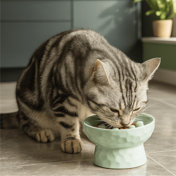 Gamelle ludique pour chat avec félin qui mange croquettes dans cuisine PawSlow™