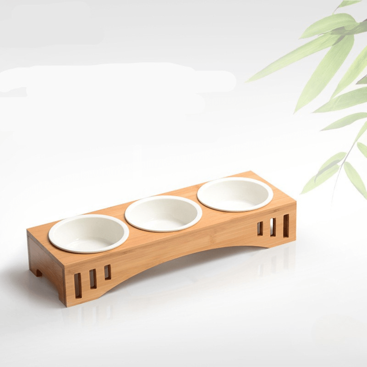 Gamelle pour chat triple bol céramique support bois bambou dimensions - Céraminox-Cat™