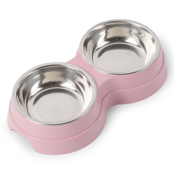 Gamelle pour chat double bol inox amovible support rose - DoubleCat-Classic™