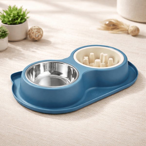 Gamelles anti glouton chat double à bols amovibles avec support silicone stable et durable