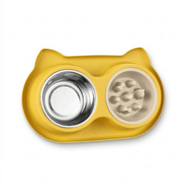 Gamelles anti glouton chat double jaune pour digestion lente et anti régurgitations