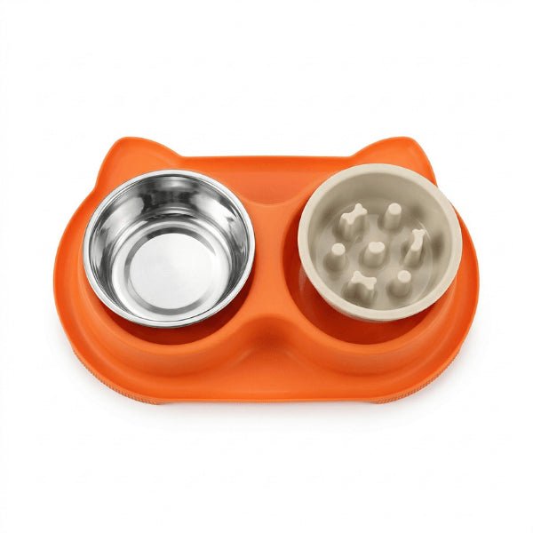 Gamelles anti glouton chat double orange avec bol inox d'eau et alimentation lente amovible